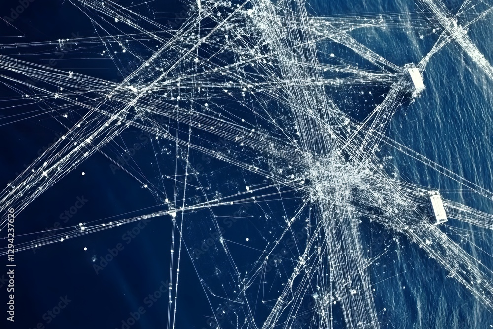 Oceanic Network: A sprawling network of data transmission visualized over the deep blue sea, representing the interconnectedness of global communication. Oceanic Network: A sprawling network of data transmission visualized over the deep blue sea, representing the interconnectedness of global communication.
