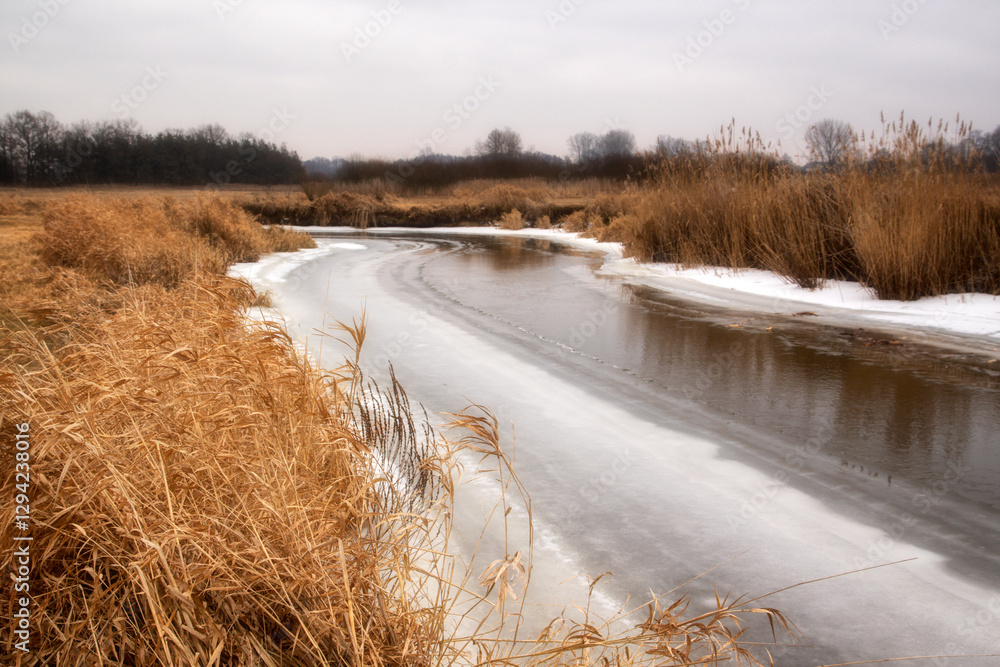 Odwilż nad rzeką Narew, Podlasie, Polska