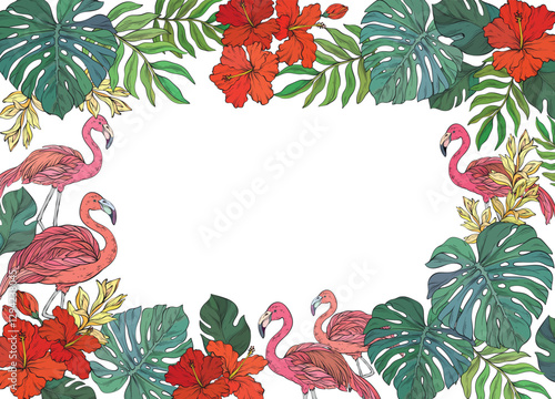 square frame adorned with pink flamingo and tropical palm leaves and flowers on white background. Abstract summer vector illustration