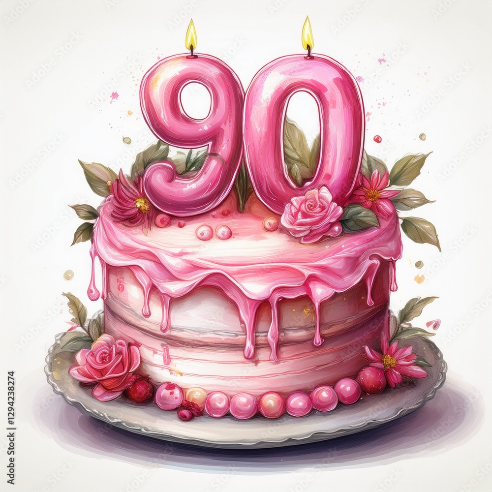 custom made wallpaper toronto digitalIllustration of decorated pink cake for birthday or anniversary party. Number 90, ninetieth birthday celebration