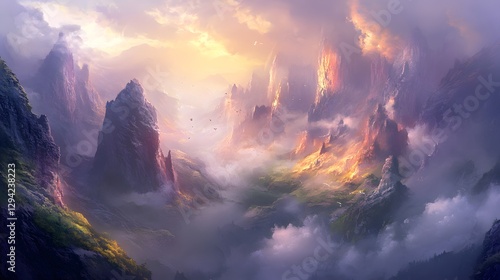 Wallpaper Mural Dramatic mountain cliffs shrouded in mist with soft sunlight breaking through, creating a serene and majestic landscape Torontodigital.ca