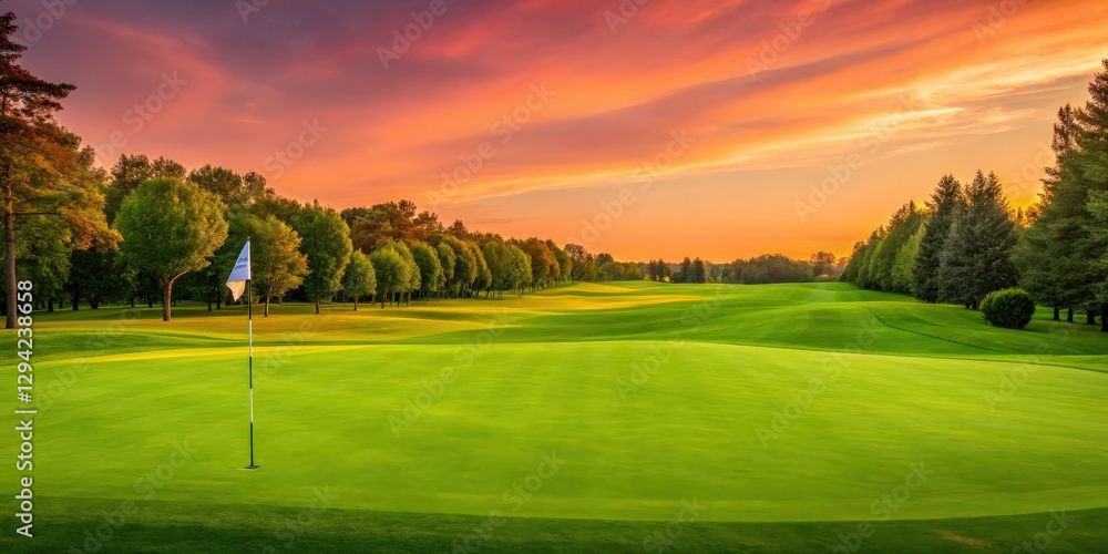Serene Golf Course at Dusk with Lush Green Fairway and Flag Under Colorful Sky Serene Golf Course at Dusk with Lush Green Fairway and Flag Under Colorful Sky