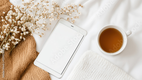 cozy morning scene featuring tablet, cup of tea, and dried flowers on soft blanket. Perfect for relaxation and mindfulness
