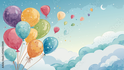 Watercolor balloon background, colorful balloons floating in a soft blue sky, uplifting and joyful for Children’s Day with copy space  