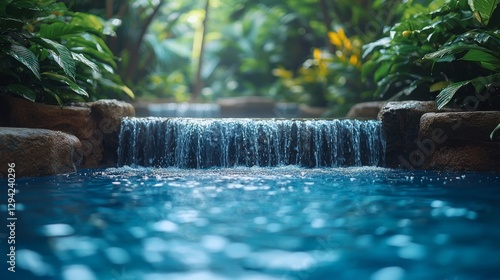 View of a waterfall cascading into a pool, natural sounds, tranquil spa background