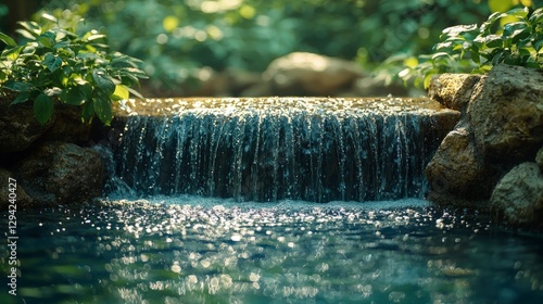 View of a waterfall cascading into a pool, natural sounds, tranquil spa background