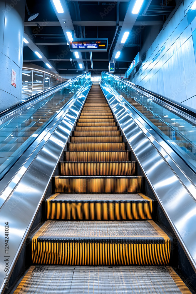 Fototapeta premium Ascending Subway Station Escalator, Modern Transit