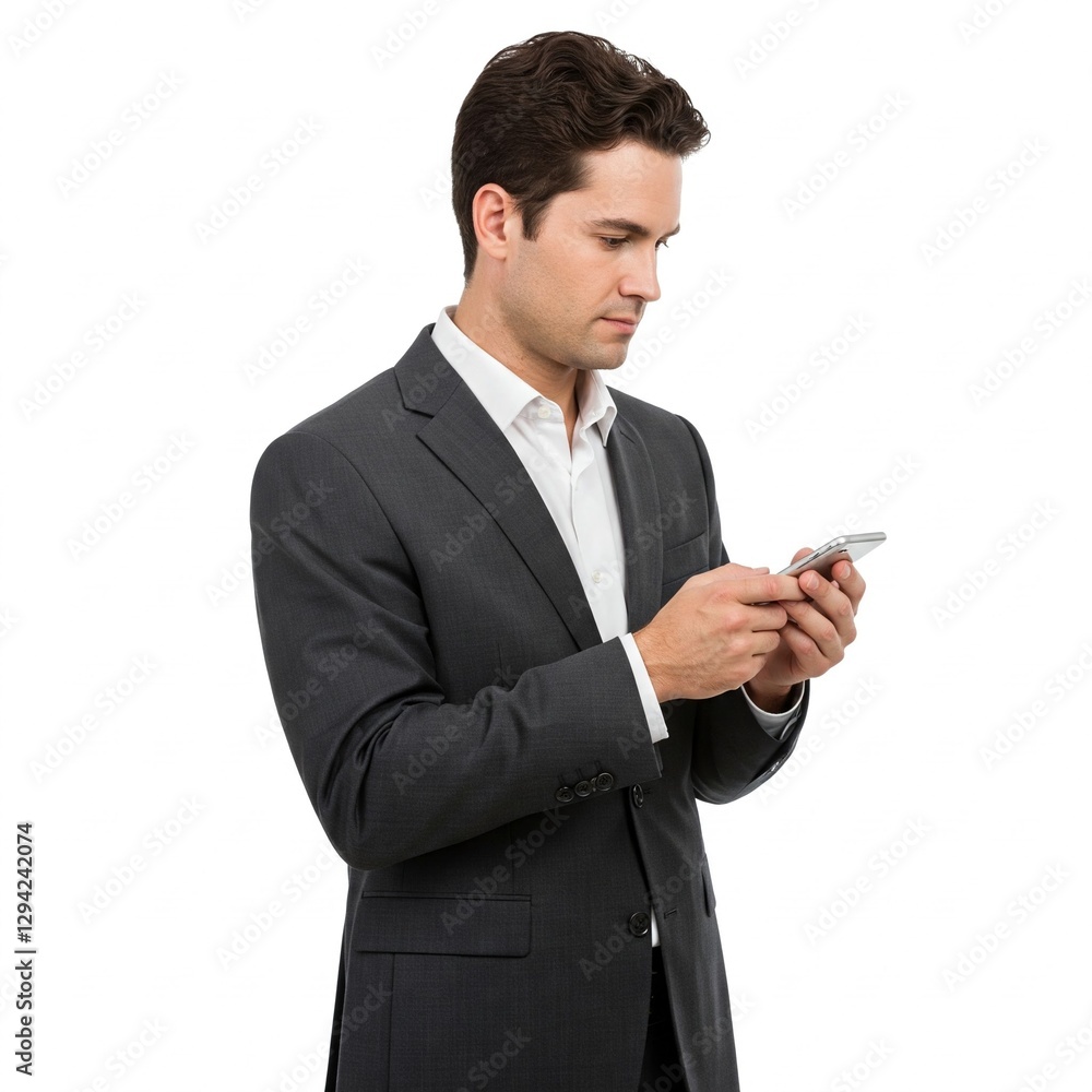 Businessman text messaging on cell phone over white background Businessman text messaging on cell phone over white background