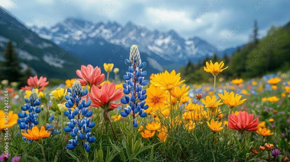 Fototapeta premium Wildflowers in a mountain meadow, vibrant colors, natural beauty, spring scene, mountain flowers
