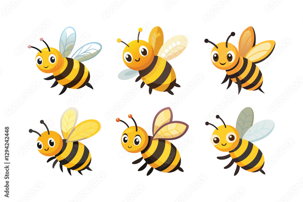 Six Cheerful Cartoon Bees – Vibrant 2D Vector Illustrations for Playful Designs Six Cheerful Cartoon Bees – Vibrant 2D Vector Illustrations for Playful Designs