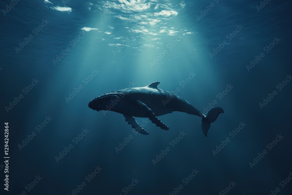Humpback whale gracefully swimming in deep ocean waters under illuminated rays Humpback whale gracefully swimming in deep ocean waters under illuminated rays