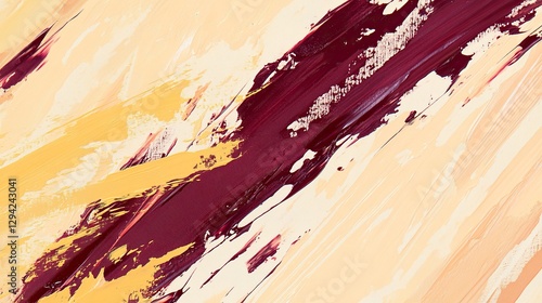 Energetic splashes of maroon and bright lemon yellow crossing carefully blended brush strokes in soft peach and tan hues. 32k