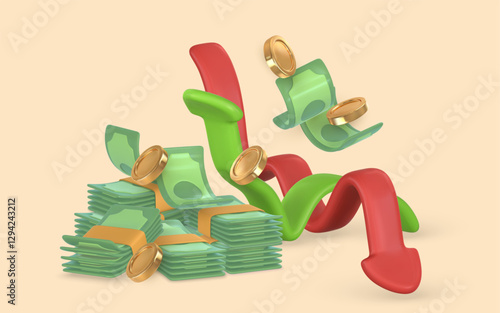 3d green stack of money with green up and red down arrow. Falling gold coin and twisted money. Vector illustration