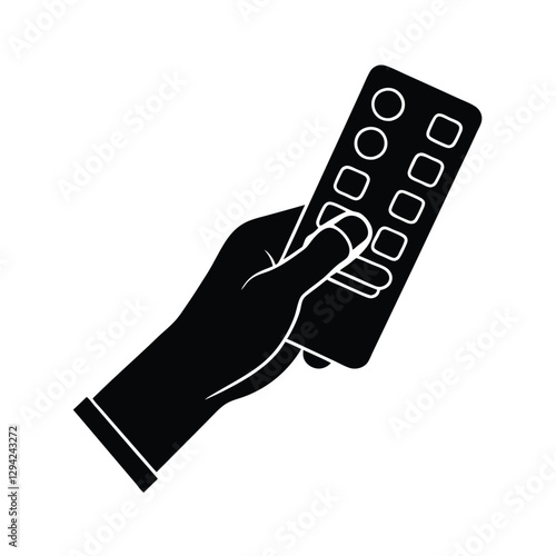 Determined hand pressing button on remote control to trigger presentation sequence quickly now