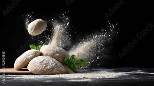 Fresh Dough Balls with Basil Leaves and Flour Explosion on Black