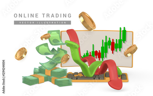 3d stock online trading with monitor and keyboard, flying green dollar stack and gold coins, investment graph and flying stack of money in cartoon style. Vector illustration