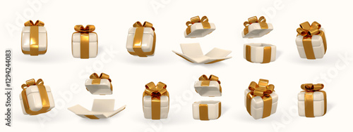 3d gift box with golden bow. Plastic box with shadow isolated on light background. Vector illustration