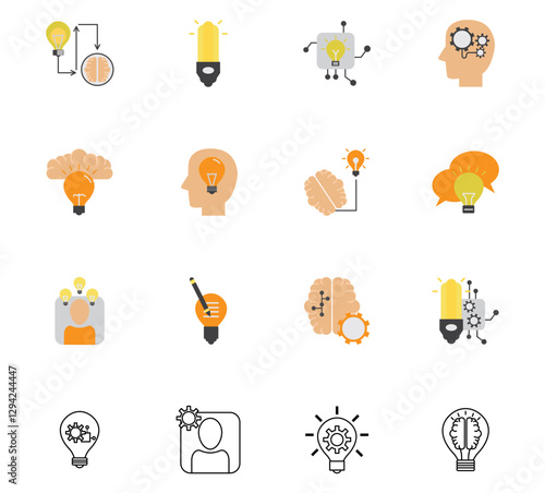 Set of vector icons representing an idea like light bulbs and brain with white background