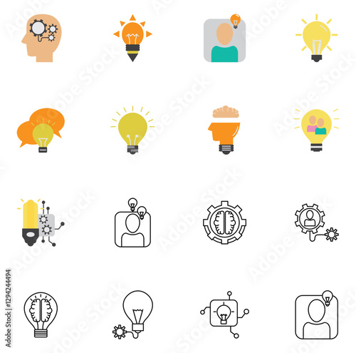 Set of vector icons representing an idea like light bulbs and brain with white background