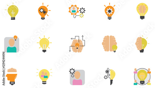 Set of vector icons representing an idea like light bulbs and brain with white background