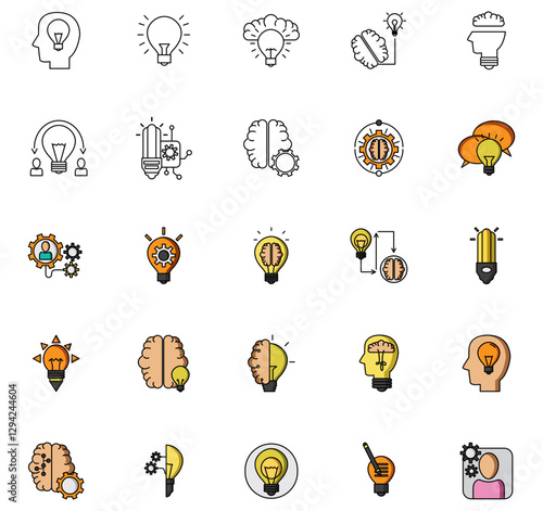 Set of vector icons representing an idea like light bulbs and brain with white background