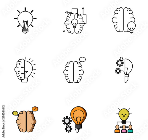 Set of vector icons representing an idea like light bulbs and brain with white background