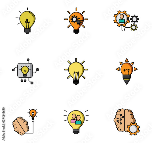 Set of vector icons representing an idea like light bulbs and brain with white background