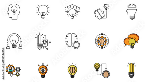 Set of vector icons representing an idea like light bulbs and brain with white background