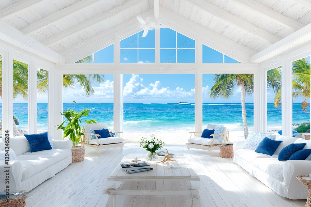 Fototapeta premium Beachfront living room, ocean view, white interior