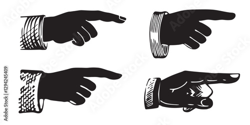 Set of silhouette engravings of pointing fingers. Hands pointing symbols.