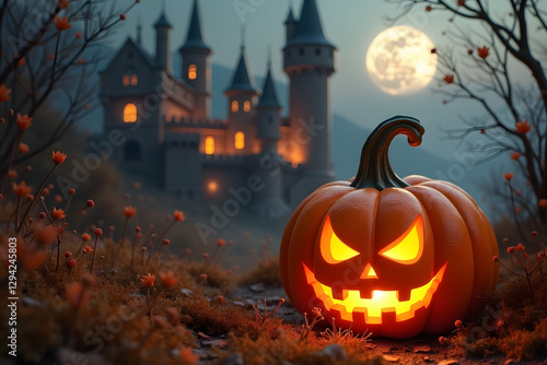 AI art: Halloween pumpkin, spooky castle, and moon. High-res, detailed scene for festive designs.