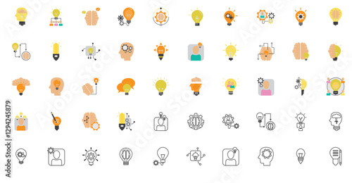 Set of vector icons representing an idea like light bulbs and brain with white background