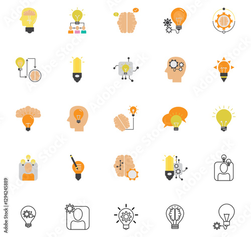 Set of vector icons representing an idea like light bulbs and brain with white background