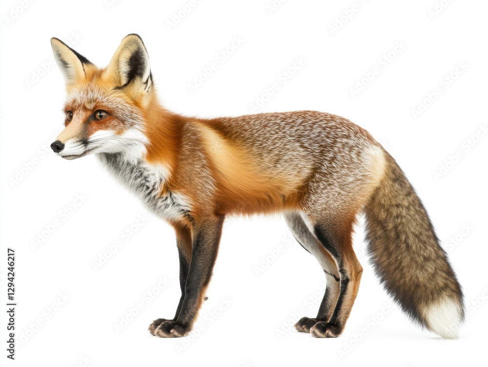 Fototapeta premium Red fox standing gracefully on a white background showcasing its vibrant fur and alert demeanor