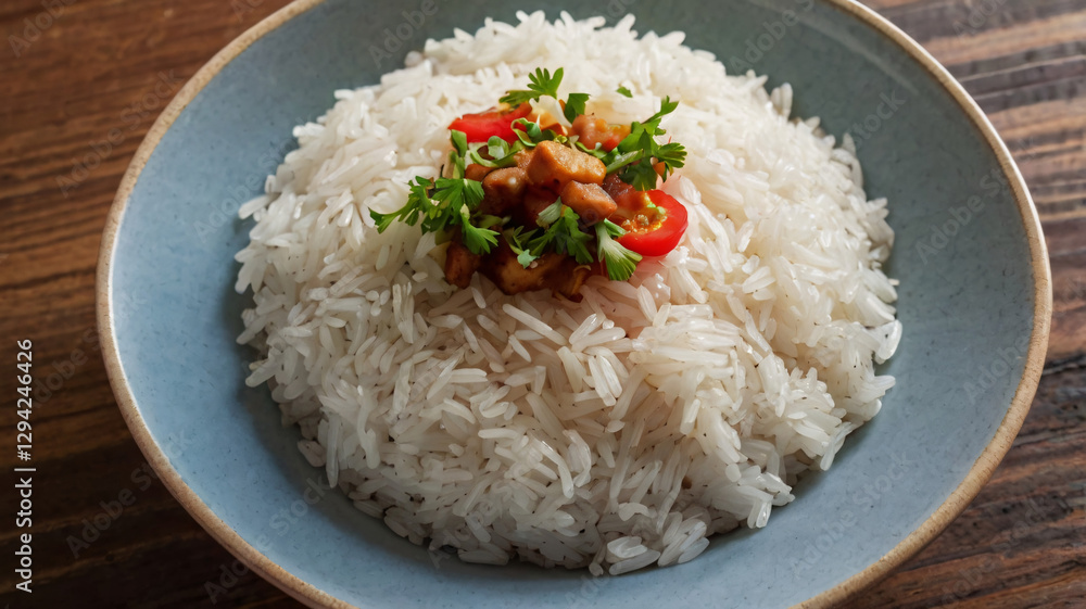 A bowl of white rice is topped with pieces of what looks like fried garlic, slices of red chili, and fresh cilantro, placed on a wooden surface. A bowl of white rice is topped with pieces of what looks like fried garlic, slices of red chili, and fresh cilantro, placed on a wooden surface.