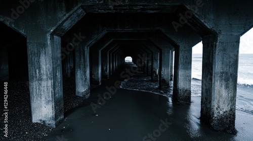 A dark tunnel under a coastal pier, with ocean waves lapping at the sandy floor, evokes a sense of depth and solitude, Ideal for themes of mystery, nature, or architectural beauty, photo