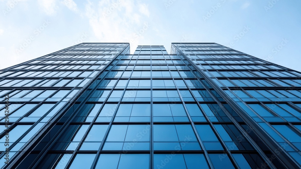 Modern Glass Skyscraper Tower Reaching into Blue Sky with Cloud Reflections in Urban Environment and Nature Modern Glass Skyscraper Tower Reaching into Blue Sky with Cloud Reflections in Urban Environment and Nature