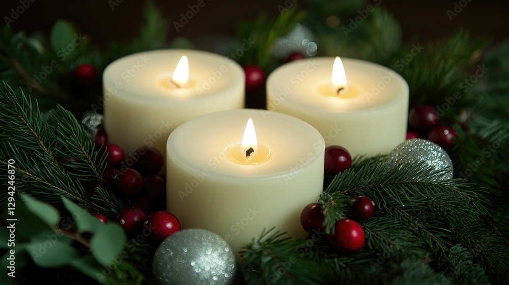 Warm candles glow softly amidst lush greenery and festive decora Warm candles glow softly amidst lush greenery and festive decora
