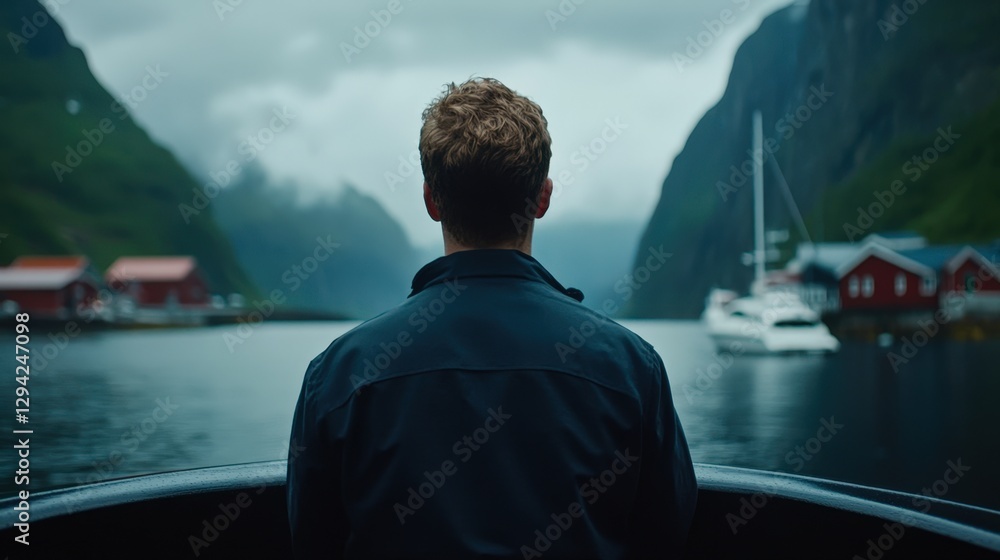 Fototapeta premium A man gazes out over a serene fjord, surrounded by lush mountains and quaint cabins, creating a tranquil atmosphere ideal for travel blogs, nature promotions, or contemplative themes,