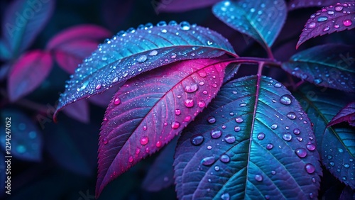 Close-up of wet leaves with water droplets under vibrant lighting, weather Violet bokeh, HD, 8K, purple leaves with water droplets on them