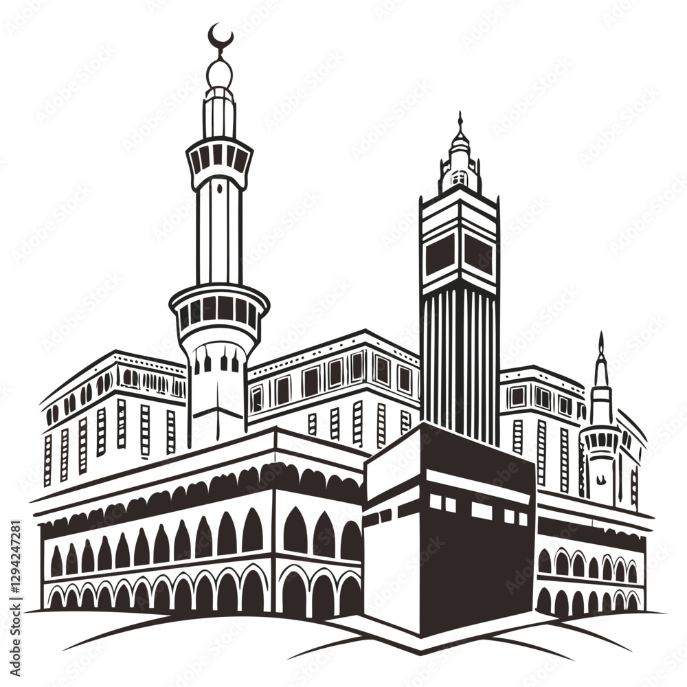 Obraz premium Makkah Silhouette vector illustration isolated on a transparent background