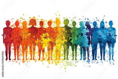 Diverse people assembled representing unity through colorful puzzle pieces