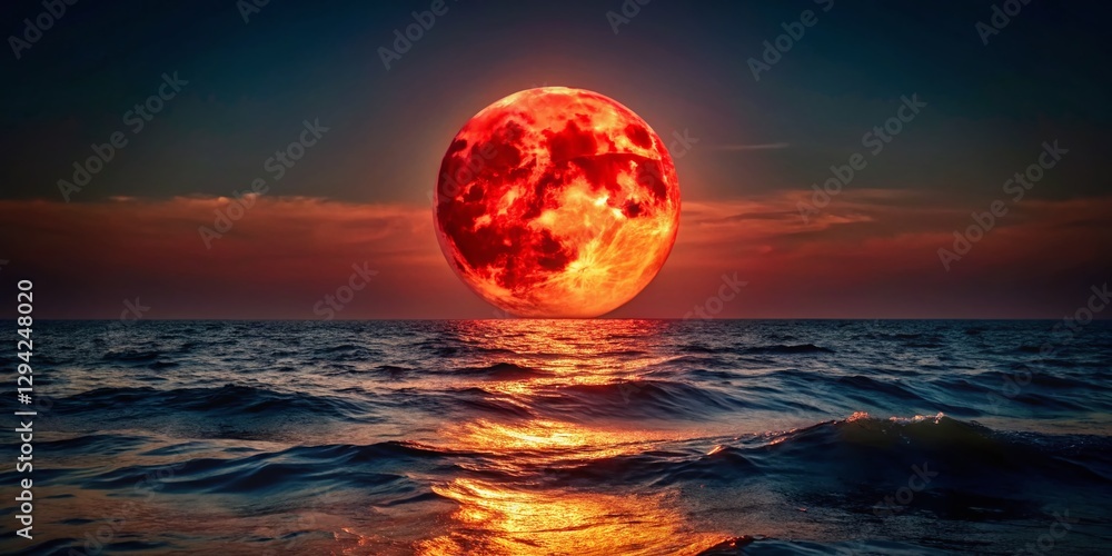 Eerie Red Moonrise Over Dark Ocean: Haunting Night Seascape