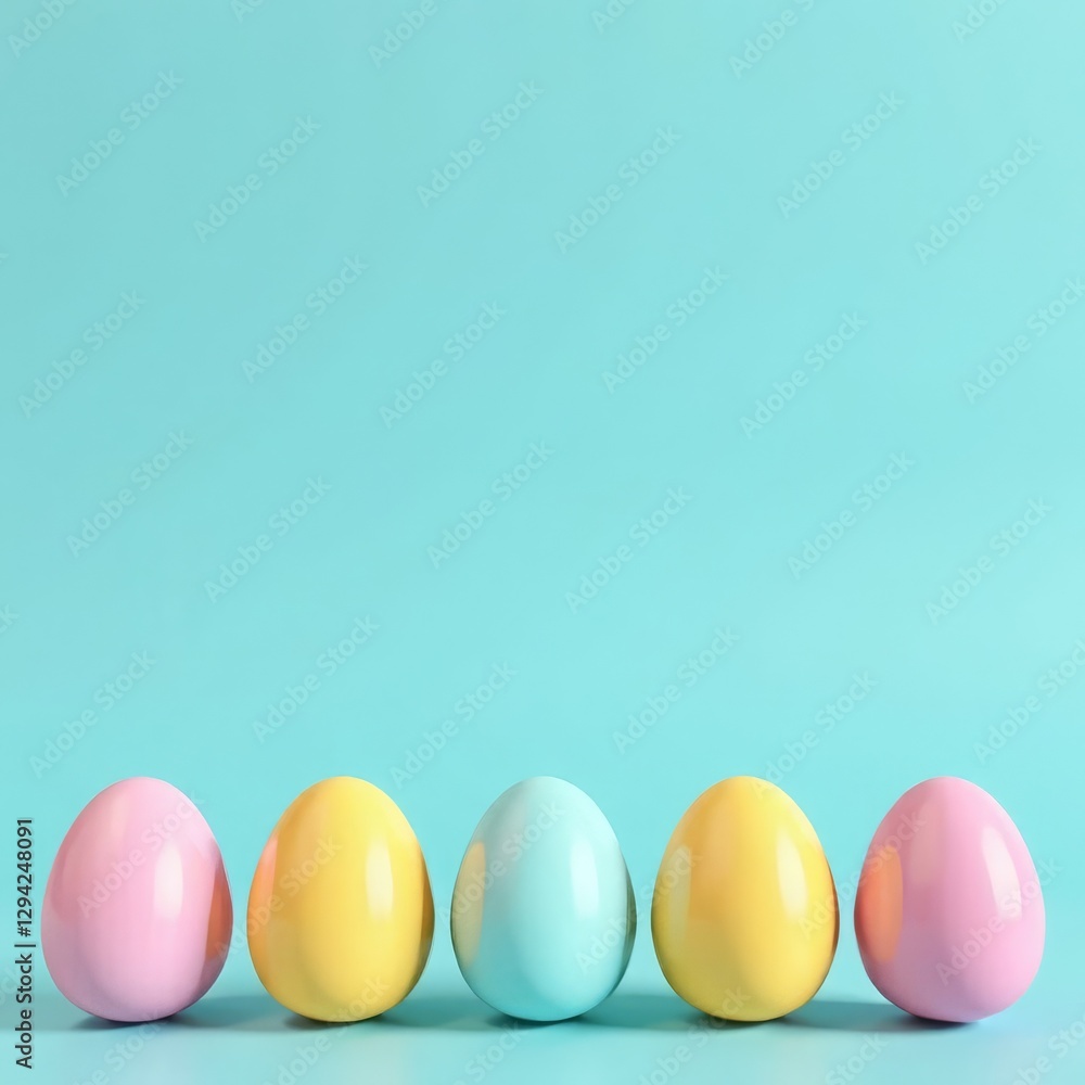 Colorful Easter eggs stand in a row on a blue background, a place for text Colorful Easter eggs stand in a row on a blue background, a place for text