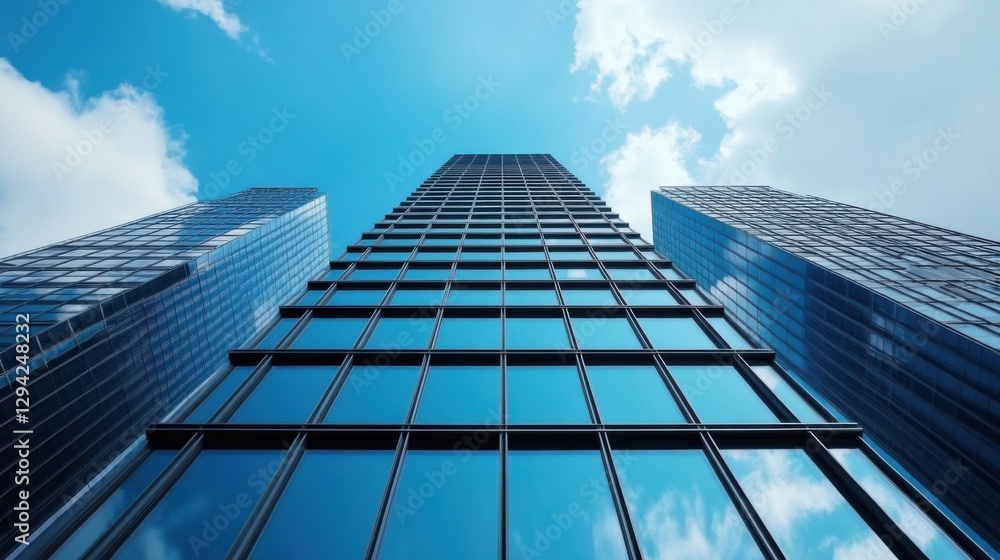 Modern Skyscrapers Reaching Sky with Reflective Glass Facades Under Bright Blue Sky and Fluffy White Clouds Modern Skyscrapers Reaching Sky with Reflective Glass Facades Under Bright Blue Sky and Fluffy White Clouds
