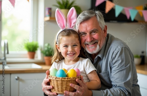 A loving, happy grandfather hugs a smiling granddaughter holding a wicker basket with Easter colorful eggs in rabbit ears on the street