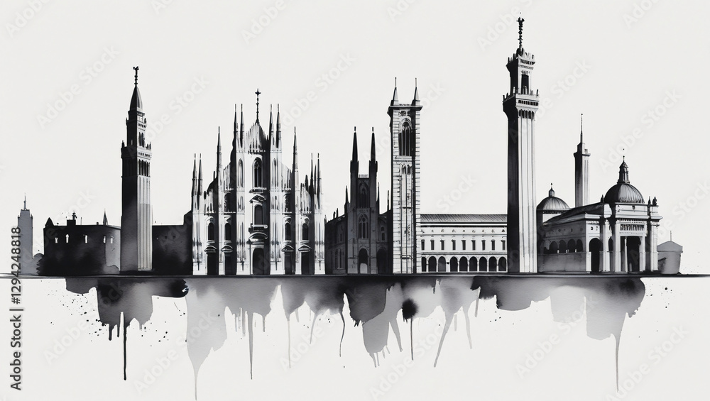Fototapeta premium Timeless Milan: A Black and White Watercolor Skyline