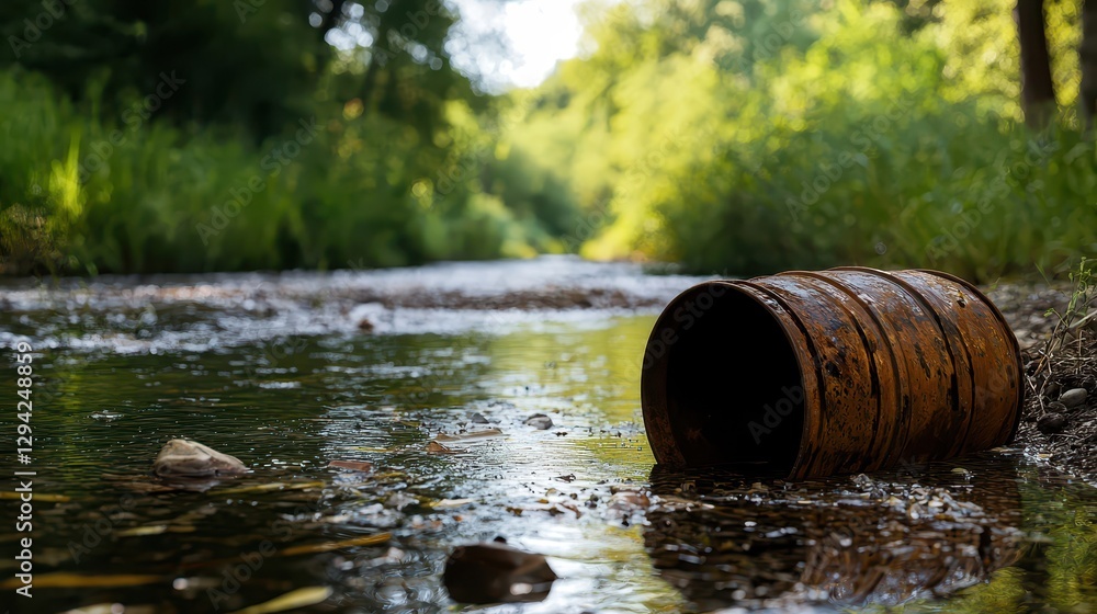 Toxic Waste Dumping Barrels in a Pristine River Landscape, Highlighting Environmental Concerns and Pollution Issues Affecting Natural Water Bodies Toxic Waste Dumping Barrels in a Pristine River Landscape, Highlighting Environmental Concerns and Pollution Issues Affecting Natural Water Bodies