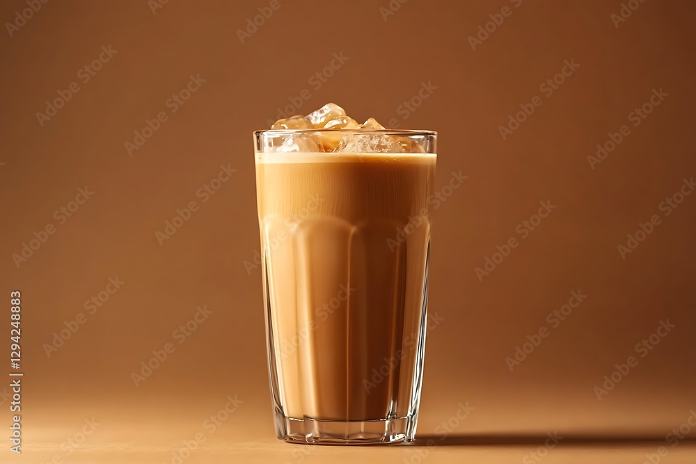A refreshing glass of iced coffee on a brown background A refreshing glass of iced coffee on a brown background