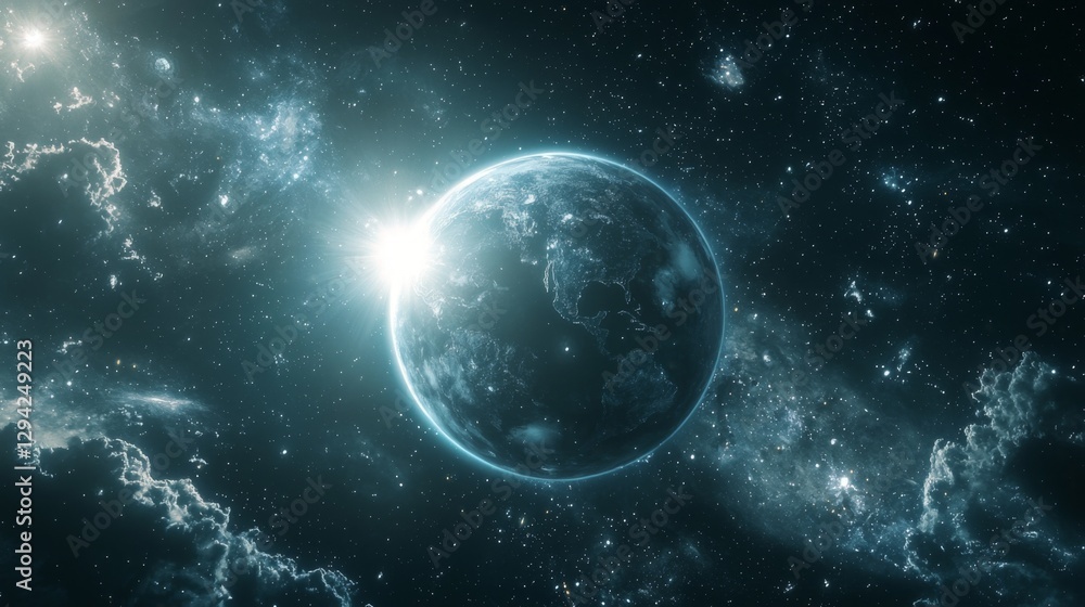 Fototapeta premium Glowing Earth Surrounded by Cosmic Nebula and Bright Stars in a Stunning Space Landscape Visual Forming a Breathtaking Scene
